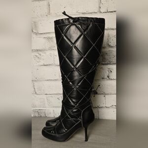 Hugo Boss Quilted Black Leather Tall Boots Women’s 37 Italy Stiletto Heel Zip